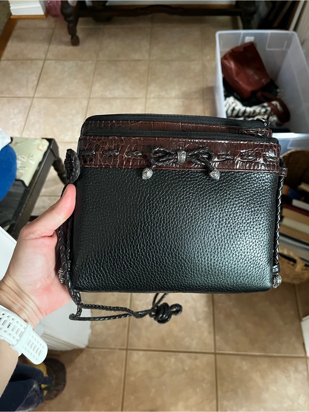 Brighton Black and Brown Textured Leather Crossbody